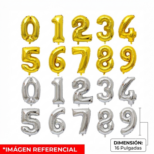 PAQUETE DE GLOBOS NÚMEROS INFLABLES 16 PULGADAS (10U)