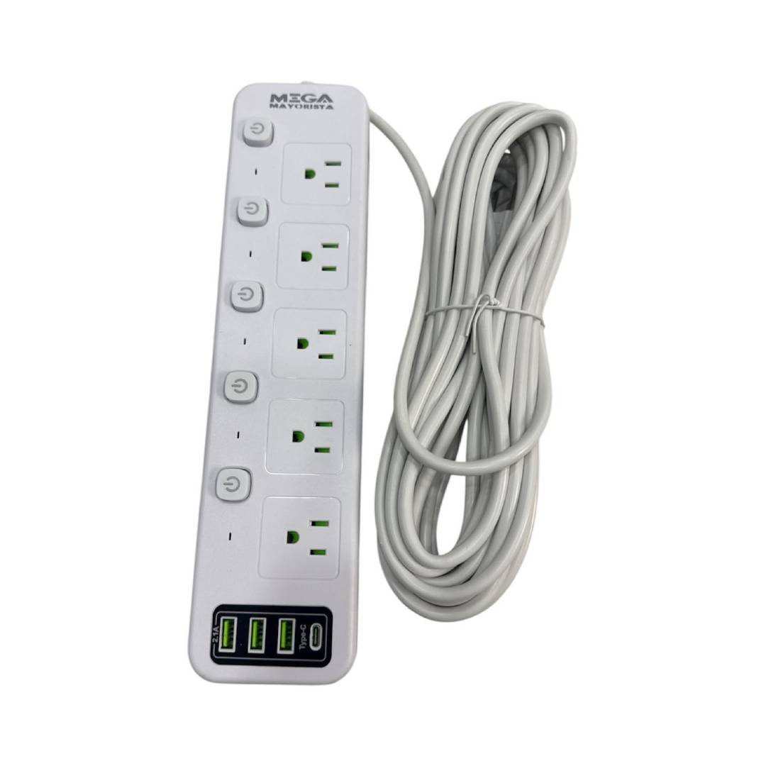 REGLETA INDEPENDIENTE 5 TOMAS 110V - 3 USB - 1USB C