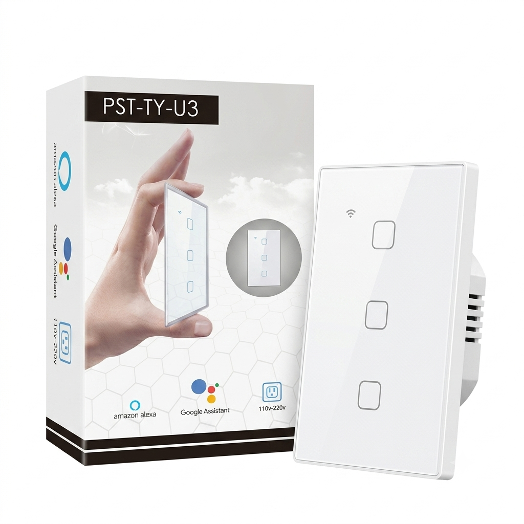 INTERRUPTOR TRIPLE BLANCO INTELIGENTE WIFI COMPATIBLE CON ALEXA Y GOOGLE HOME PST-TY-U3