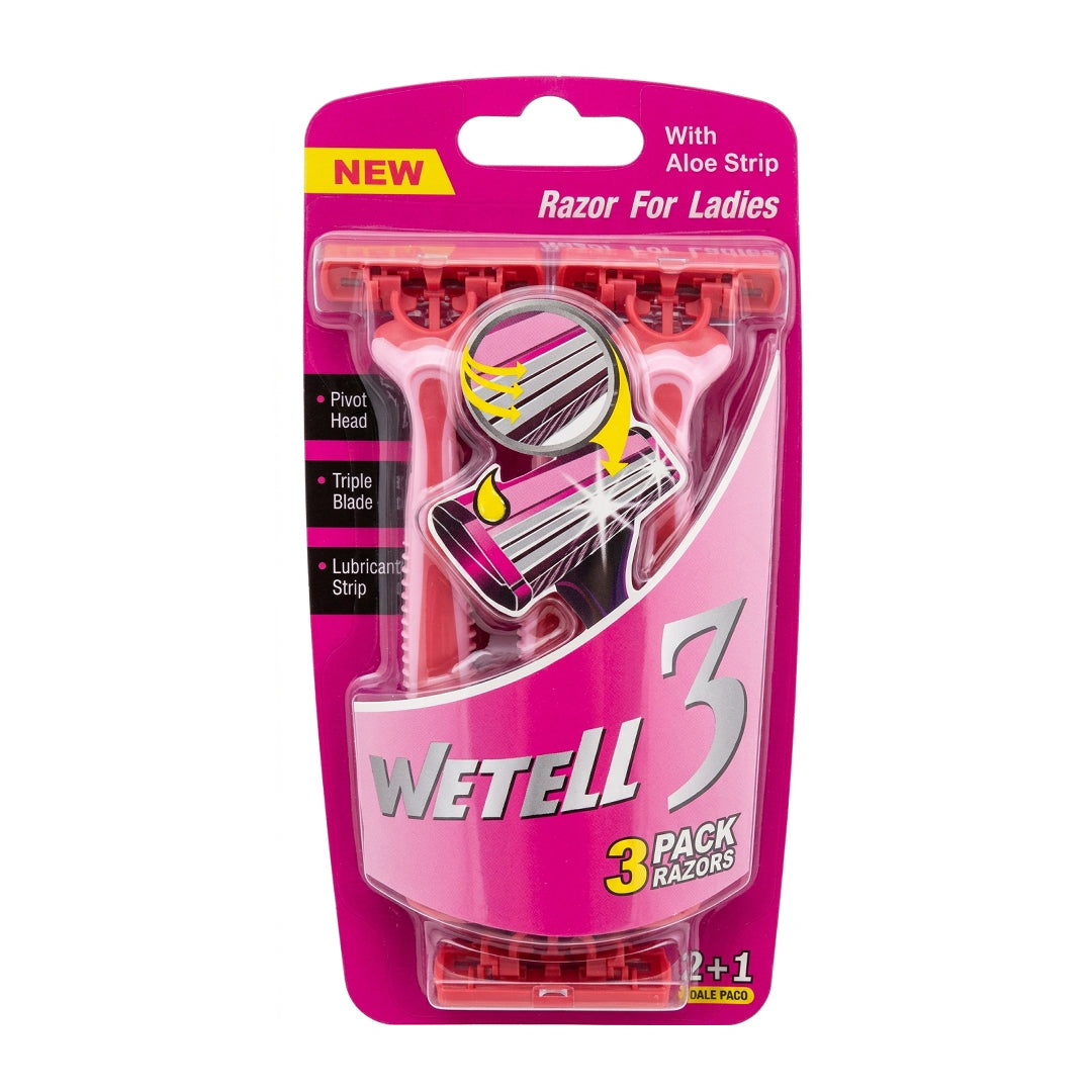 RASURADORA ROSADO WETELL TRIPLE HOJA + LUBRICACIÓN 3PCS X UND
