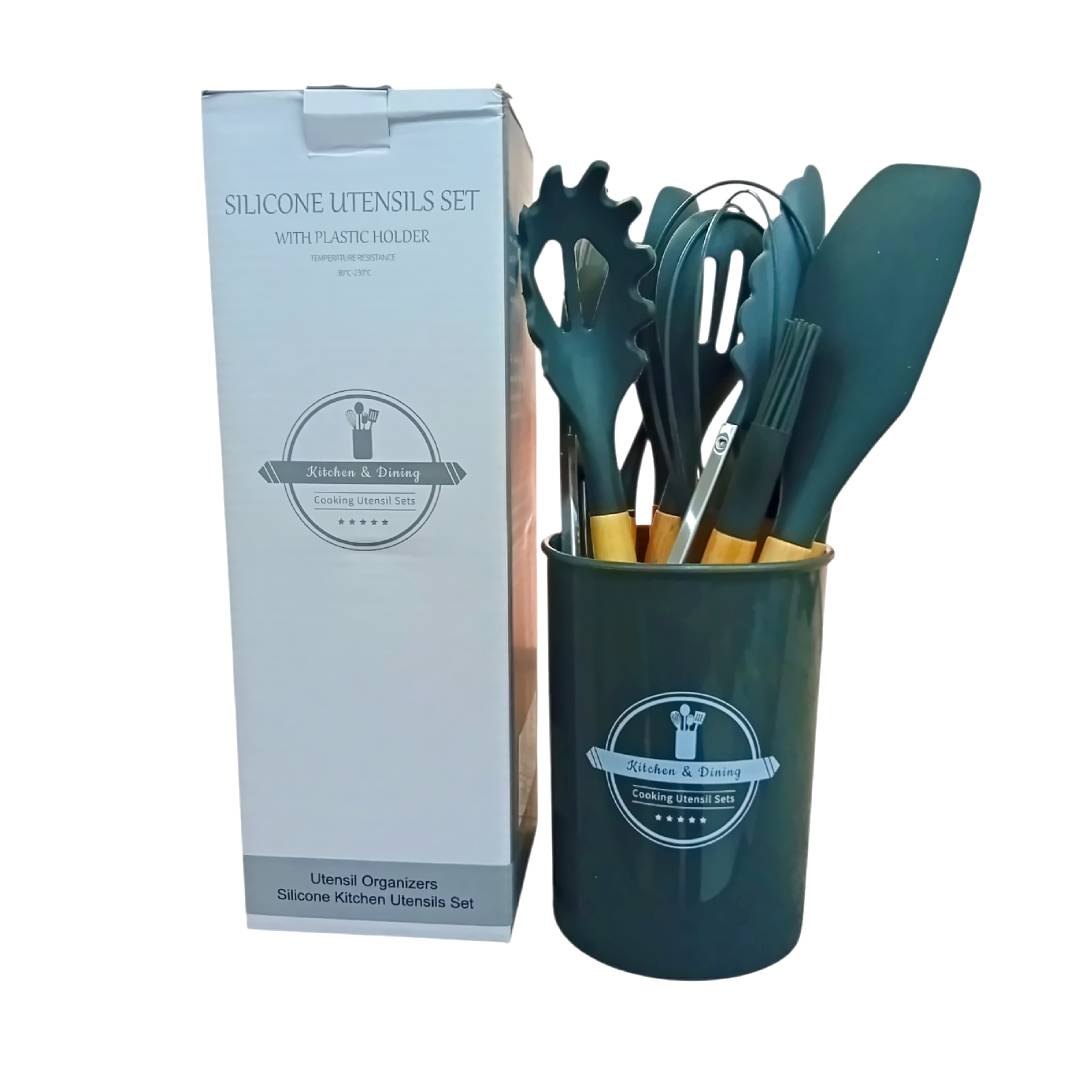SET DE UTENSILIOS DE COCINA DE SILICONA Y MANGO DE MADERA 11PCS