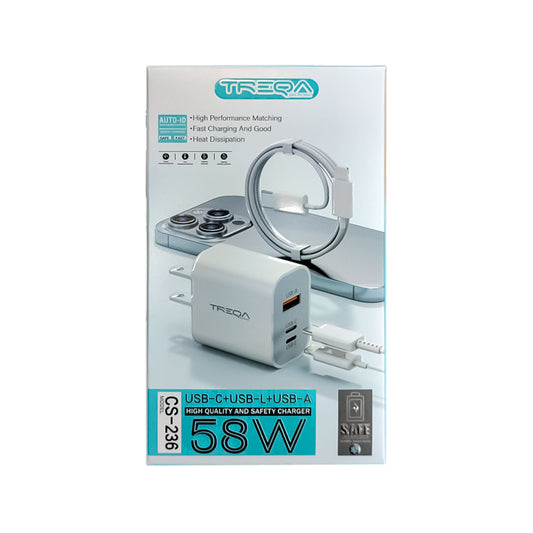 CARGADOR TREQA 58W USB - C - LIGHTNING CS-236